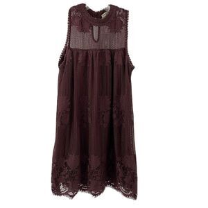 Wine Red High Neck Lace Overlay Scalloped Dress S